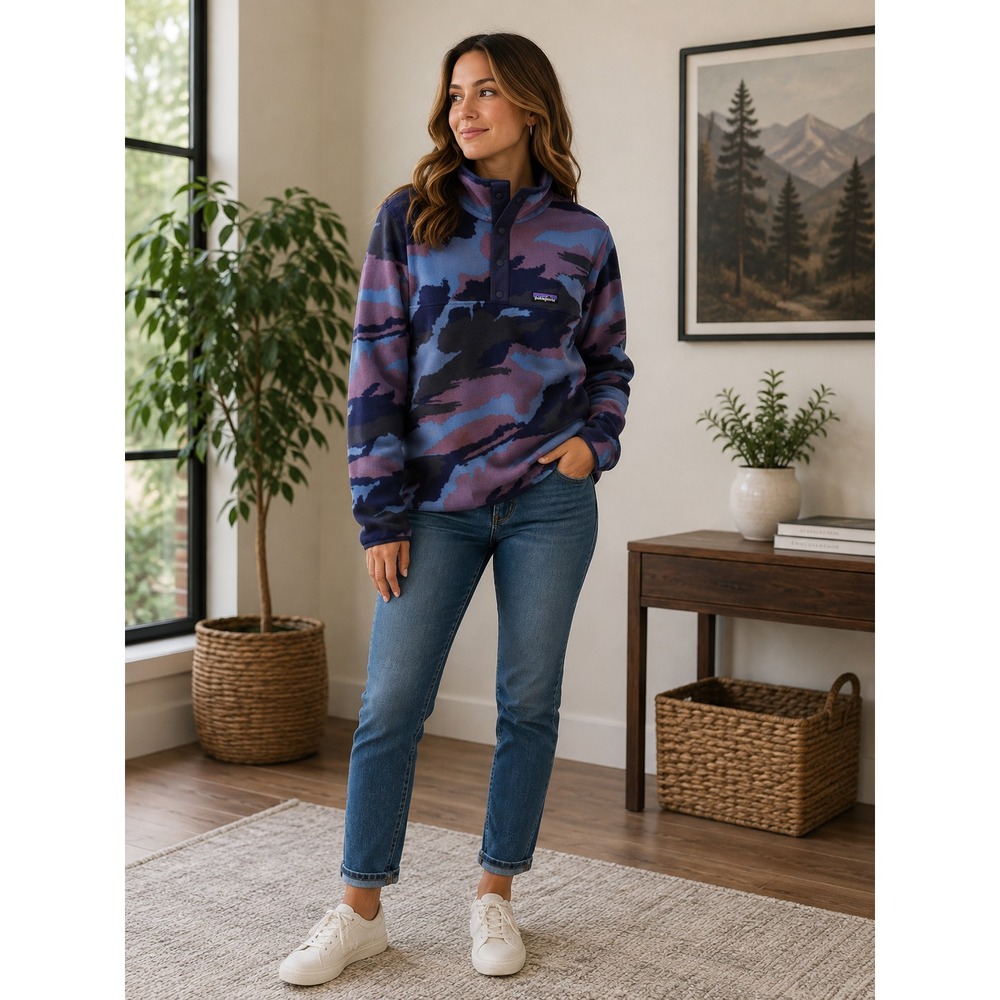 Patagonia Womens L Micro D Snap T Pullover Blue Purple Abstract Camo Fleece Logo